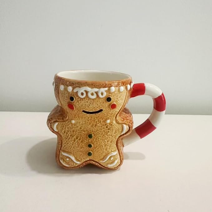 Ceramic Christmas Tea Cup and Saucer Set，200ML(6.8OZ) 3D Hand-painted Christmas Gingerbread Man Coffee Mug，Round Saucer, Spoon