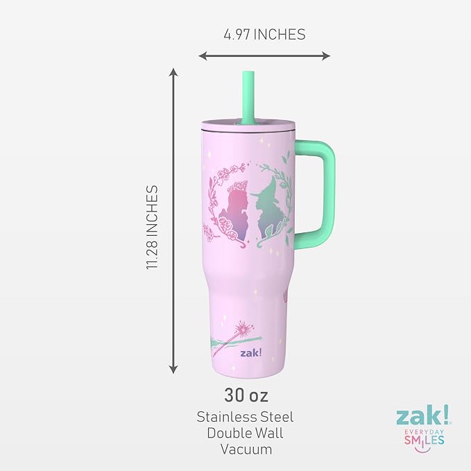 Zak Designs Wicked: For Good Sutton Travel Tumbler for On the Go, 30oz Stainless Steel with Vacuum Insulation, Silicone Straw, and Carry Handle for Cold Drinks (Glinda and Elphaba)