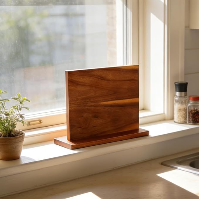 Magnetic Knife Block, Acacia Wood Knife Holder Stand with Strong Magnets, Double Side Knife Storage Rack for Kitchen (Brown)