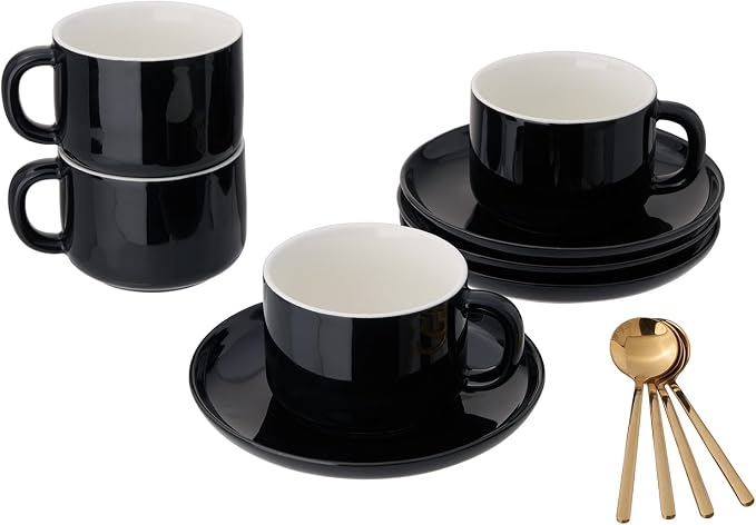 8oz Cappuccino Cups Set of 4, Tea Cups with Saucers and Spoons, Black Ceramic Tea Cups Set Coffee Mugs for Tea Cappuccino Espresso Latte Mocha Au Lait Macchiato Cafe