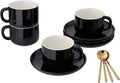 8oz Cappuccino Cups Set of 4, Tea Cups with Saucers and Spoons, Black Ceramic Tea Cups Set Coffee Mugs for Tea Cappuccino Espresso Latte Mocha Au Lait Macchiato Cafe
