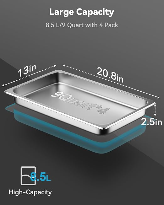 ZeroPone 4 Pack Full Size Hotel Pans with Lids, 2.5" Deep Stainless Steel Steam Table Pan with Lid, 22 Gauge Anti Jam Commercial Catering Food Pans for Hotel, Home, Party, Restaurant, Buffet