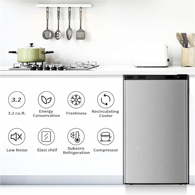 Antarctic Star Mini Compact Refrigerator with Freezer, 3.2 Cu.Ft. Single Door with Adjustable Thermostat,Removable Glass Shelves for Apartment/Dorm/Office,Silver