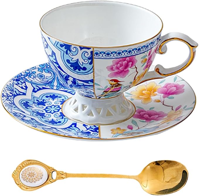 Bone China Cup & Saucer Set, Ceramic Coffee Cup with Gold Trim, Porcelain Floral Tea Cup with Saucer & Spoon, Food Grade Coffee Mug for Women, Tea Party, Gifts Giving, 6.8 oz