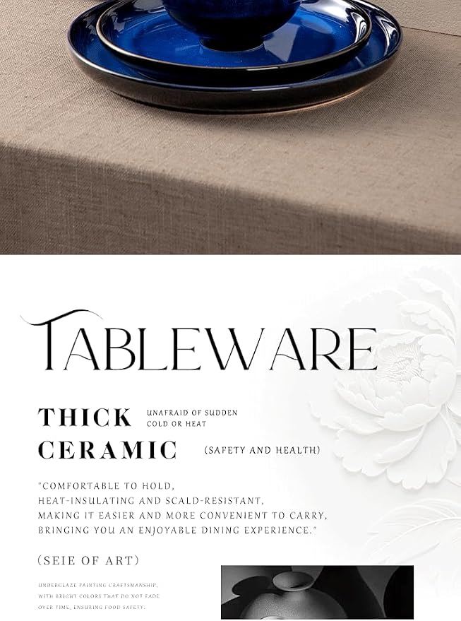 4-piece set, ceramic, natural active glaze plate and bowl set, microwave and dishwasher compatible tableware set, shatterproof and scratch resistant dinner set, irregular edge design, blue