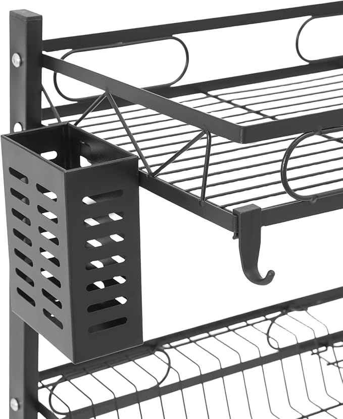 2-Tier Over Sink Dish Drying Rack, Multifunctional Kitchen Rack Extra Large Extendable Dish Rack Carbon Steel Over Sink Dish Rack with 8 Hooks for Kitchen Counter (24in)