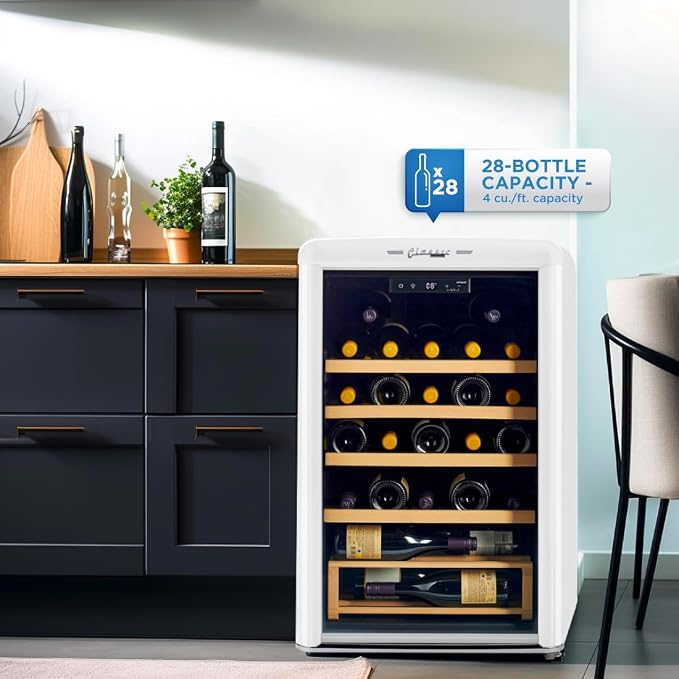Unique Appliances Classic Retro Electric Wine Cooler, 28-Bottle Wine Fridge with Adjustable Wooden Shelves and Intuitive Digital Control Panel, Single Zone, 21", Marshmallow White