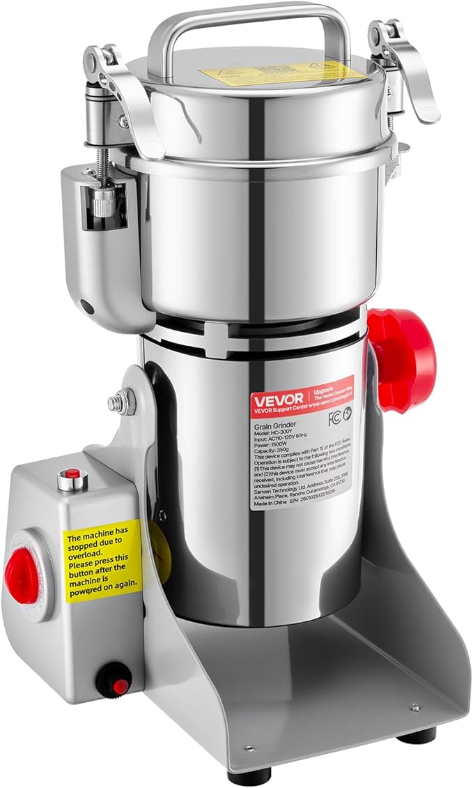 VEVOR 300g Electric Grain Mill Grinder, High Speed 1500W Commercial Spice Grinders, Stainless Steel Pulverizer Powder Machine, for Dry Grains Spices Cereals Coffee Corn Pepper, Swing Type
