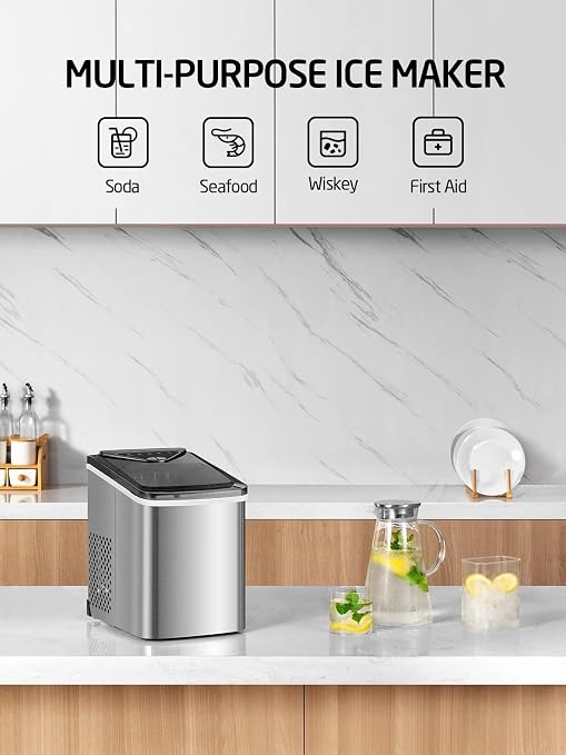 Ice Maker Machine for Countertop, 9 Ice Cubes Ready in 6 Minutes, 26lbs in 24Hrs Portable Ice Maker Machine Self-Cleaning, 2 Sizes of Bullet-Shaped Ice for Home Kitchen Office Bar Party