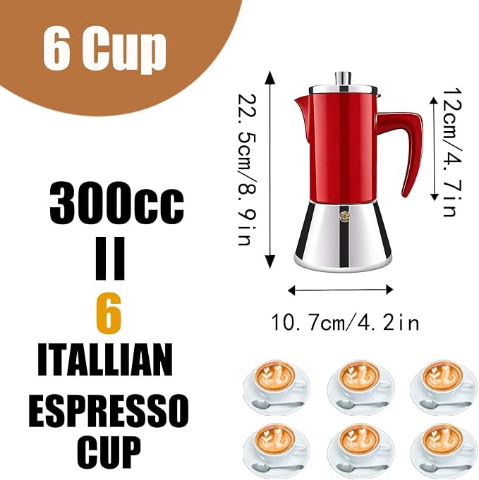 6 Cup Thickened 304 Stainless Steel Moka Pot Stovetop Espresso Maker Cafeteras Italian Percolator Espress Makers Capable Greca Mocha Coffee Machine for Induction Home and Camping 300ml 10oz