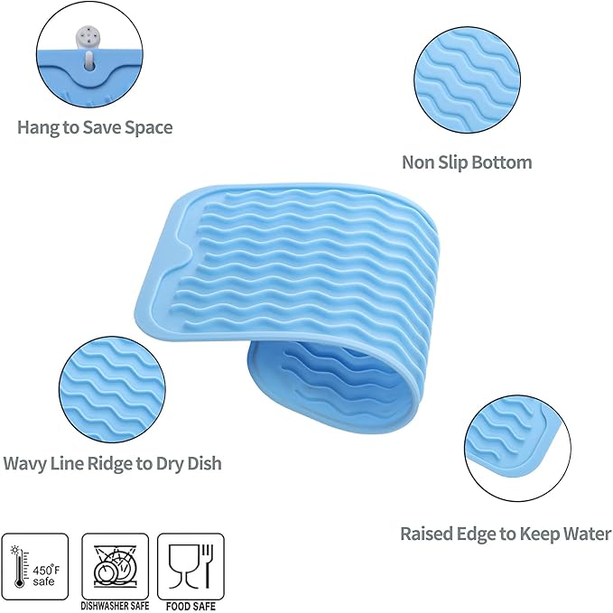 MicoYang Silicone Dish Drying Mat for Multiple Usage,Easy clean,Eco-friendly,Heat-resistant Silicone Mat for Kitchen Counter or Sink,Refrigerator or Drawer Liner Light Blue S 12 inches x 6 inches