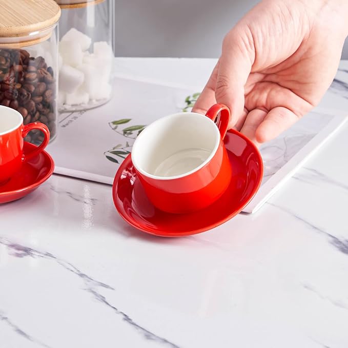 YOLIFE 2.5oz Espresso Cups Set of 4, Porcelain Stackable Espresso Cups, Expresso Shots Cup Set with Saucers and Metal Stand-Red