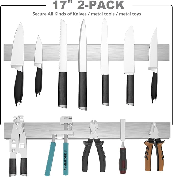 2 PCS Knife Magnetic Strip no Drilling (Refrigerator Applicable), 17 inch Magnetic Knife Holder for Wall, Premium Stainless Steel Magnetic Knife Bar, Used as Tool Holder, Knife Rack, and More