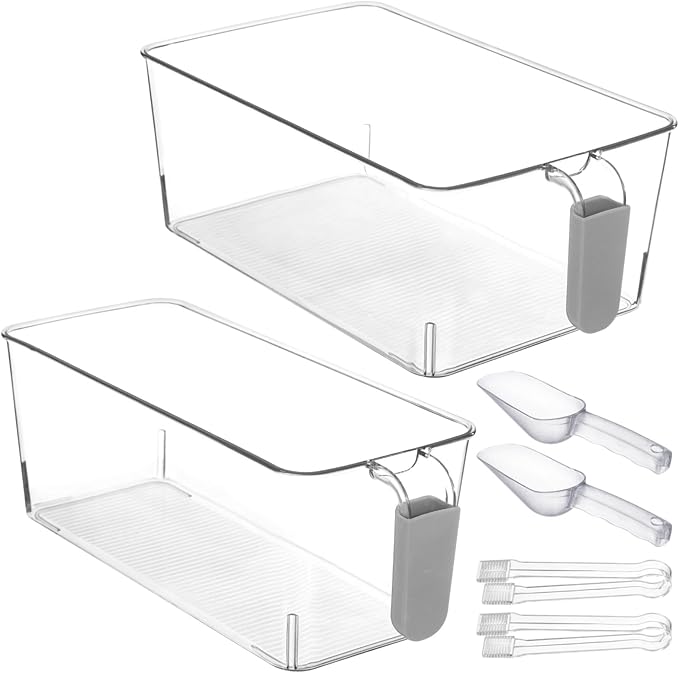 2 PCS Ice Bin with Scoop and Tong, Ice Bucket with Pull-out Handle for Freezer, 2 Sizes Clear Plastic Ice Container for DIY Drink Summer Party, 12.2 x 6.9 x 4.3 in, 12.2 x 4.9 x 4.3 in, Gray Handle