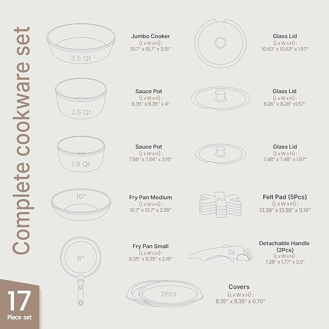 Bakken 17-Piece Ceramic Coated Aluminum Cookware Set, Nonstick Pots and Pans with Lids, Silicone Cooking Utensils & Oven Mitts, All Stovetop Safe Up To 500°F, PTFE & PFAS Free, Dishwasher Safe