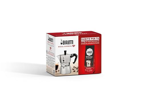 Bialetti 3 Cup Moka Pot and Ground Coffee Bundle 8.8 oz Bag - Italian Medium Roast Rich Barista Style Grounds with a Small Stovetop Espresso Maker Home Brewing Café Kitchen Appliance for Daily Use