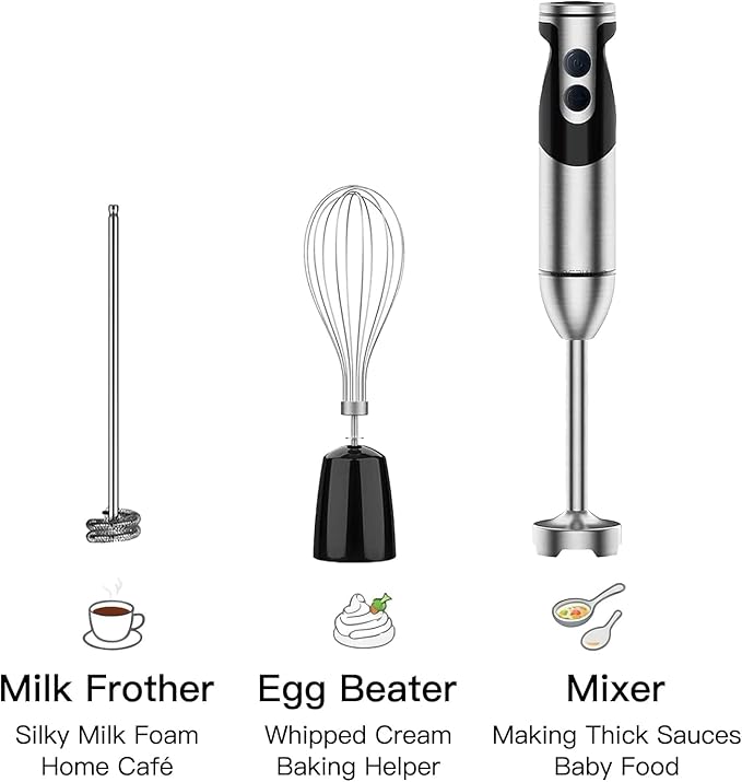 Megawise High-Power Hand Blender – 400W Max Power with Versatile 3-in-1 Attachments (Blending Shaft, Whisk, Chopper); Ergonomic Design with Adjustable Speed Control; Easy to Clean and Maintain (Black)