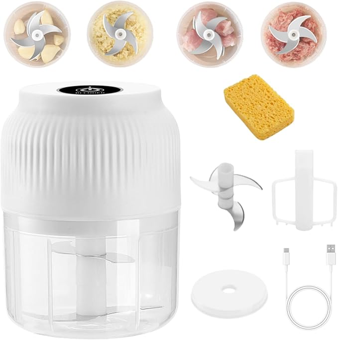 2026 Upgrade Electric Garlic Chopper, Mini Portable Veggie Chopper, 300ml Food Choppers Cordless, USB Charging Small Garlic Cutter for Mashing Onion, Chili, Ginger (White, 4 blades)