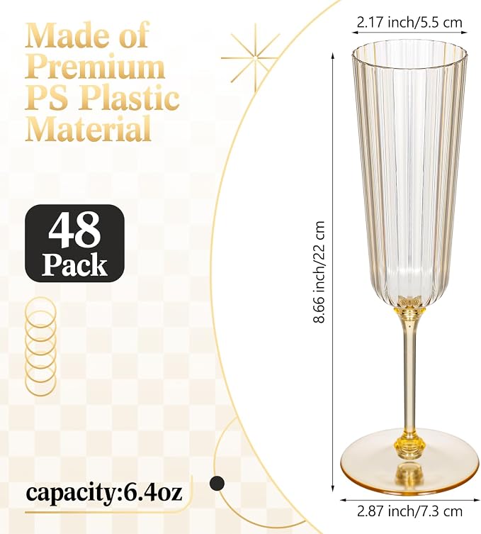 Jingmore 48 Pcs Plastic Ribbed Champagne Flutes With Stem, 6.4 oz Clear Vintage Disposable Vintage Glasses for Wedding Birthday Anniversary (Gold)