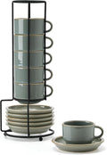 JIEMEI HOME Porcelain Stackable Espresso Cups with Saucers and Metal Stand, 4 Ounce Demitasse Cups for Latte, Cafe Mocha, Tea - Set of 6, Reactive Glaze, Wild Sage Earth Speckle