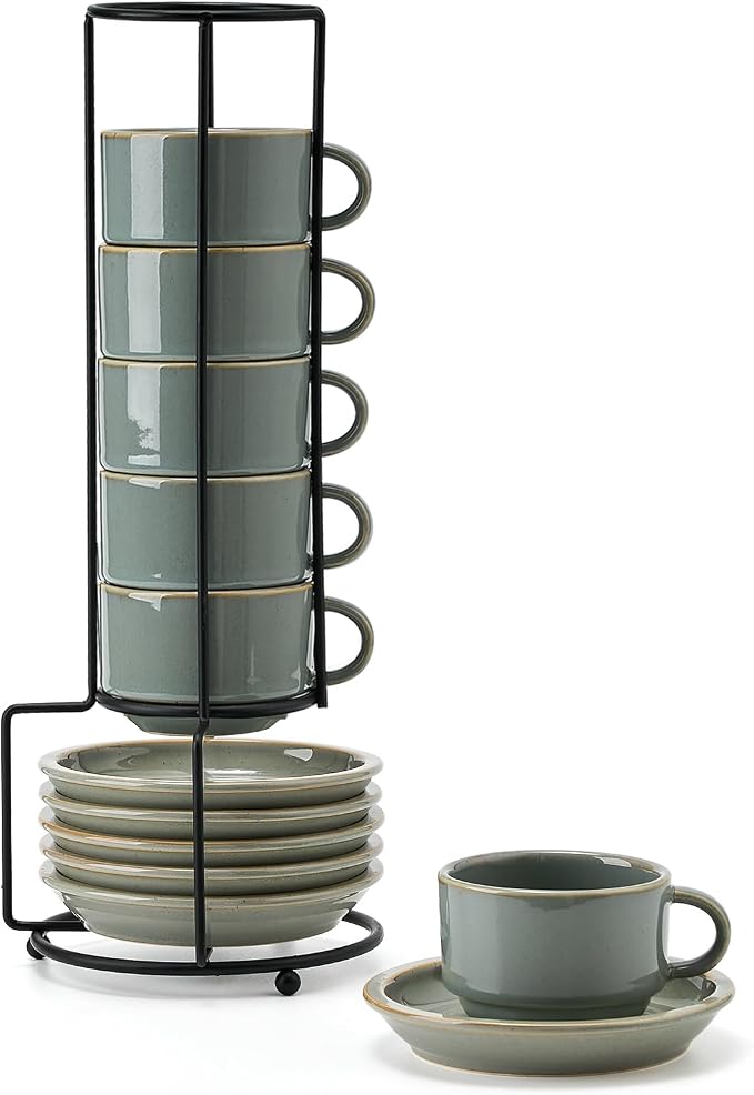 JIEMEI HOME Porcelain Stackable Espresso Cups with Saucers and Metal Stand, 4 Ounce Demitasse Cups for Latte, Cafe Mocha, Tea - Set of 6, Reactive Glaze, Wild Sage Earth Speckle