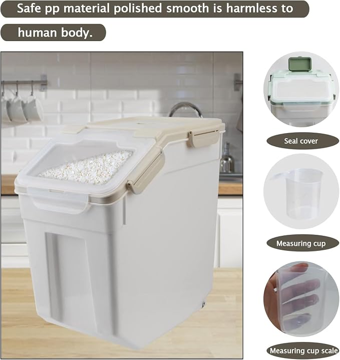 25LB Large Flour Storage Container Bin,4 Pack Airtight Plastic with Wheels Seal Locking Lid Dispenser Organizer Storage Bin with Measuring Cup & Scoop for Flour, Rice, Grain 100LBS Total，Grey