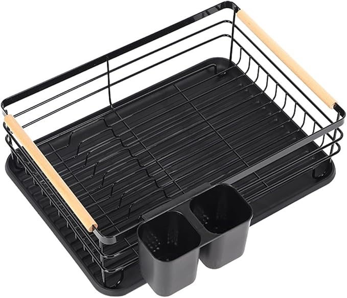 SEWACC Kitchen Countertop Dish Drying Rack Over Sink with Cutlery Holder Black Iron Frame Space-Saving Dish Drainer Rack for Home Kitchen Storage
