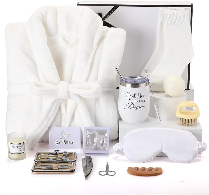 Nuogo 15 Pcs Birthday Gifts for Men Beard Care Set for Him Dad Birthday Gifts Basket Ideas Kit for Men Tumbler Bath Robe for Father's Day Dad Husband Boyfriend Box(Unhooded,White)