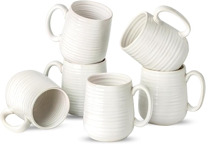Coffee Mugs, 15 Ounce Coffee Cups Set of 6, Ceramic Tea Cups for Latte Milk Cappuccino Cocoa Mocha, Creamy White Mugs with Handle for Mom and Dad as Gifts, Dishwasher & Microwave Safe