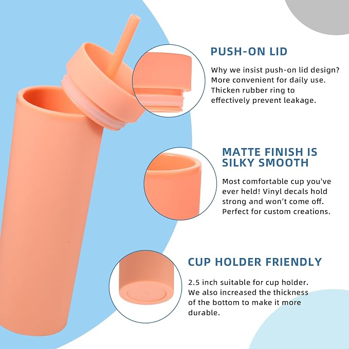 Volhoply 16oz Plastic Skinny Tumbler With Lid and Straw Bulk 4 Pack,Insulated Double Wall BPA Free Matte Acrylic Tumblers,Iced Coffee Travel Mug Reusable Party Cup,Customizable Diy Gifts(Orange,4 Set)