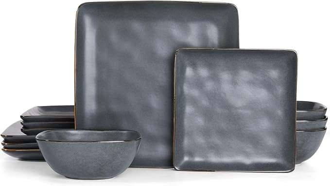 Famiware Dinnerware Sets for 4, Ocean Square 12-Piece Kitchen Plates and Bowls Sets, Microwave and Dishwasher Safe, Scratch Resistant, Matte Dark Charcoal