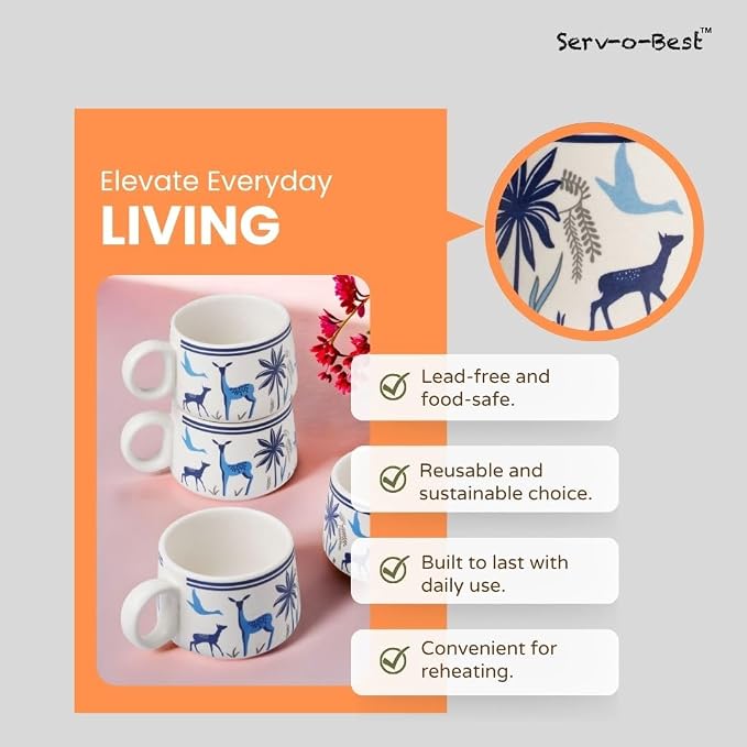 Servo Best Handmade Cermaic Tea Cup Set of 4-5 Oz Small Cups for Espresso, Cappuccino, Tea, Chai – Dishwasher & Microwave Safe – Gift Set for Coffee Lovers, Kitchen, Home, Office - Blue Jungle