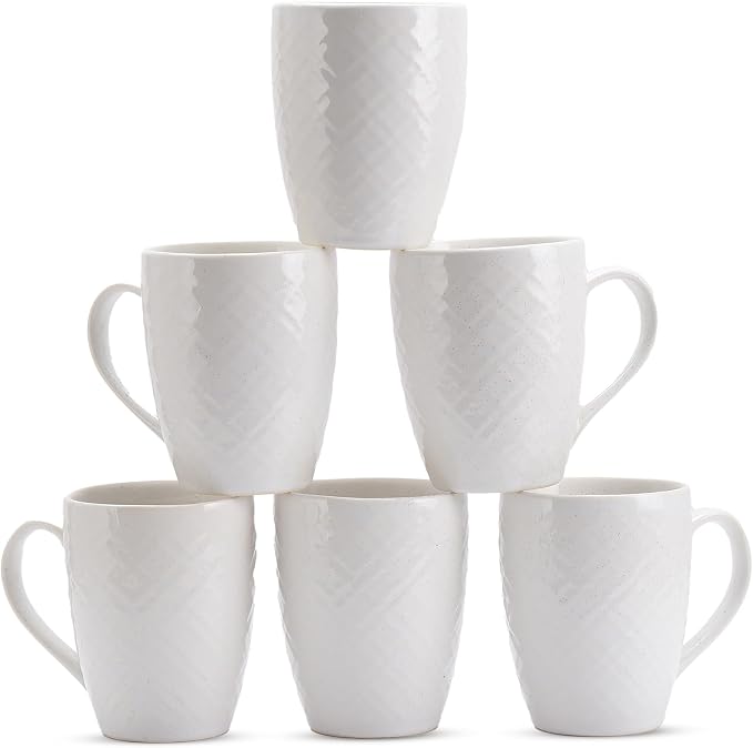 White Ceramic Coffee Mug Set of 6 – 12 oz Large Coffee Cups with Handles, Durable Porcelain Mugs for Coffee, Tea, Hot Chocolate & Milk – Microwave & Dishwasher Safe
