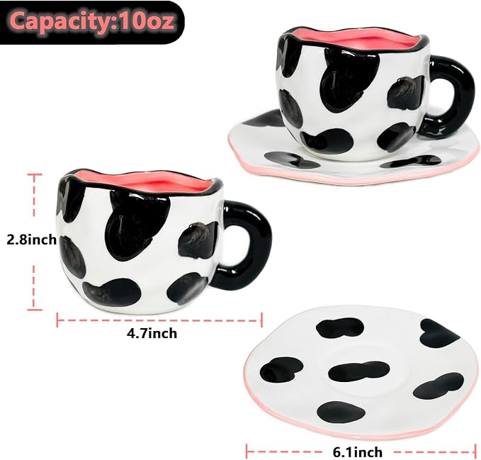Noviko Cow Mug and Saucer Set Ceramic Cute Coffee Mug 10 oz