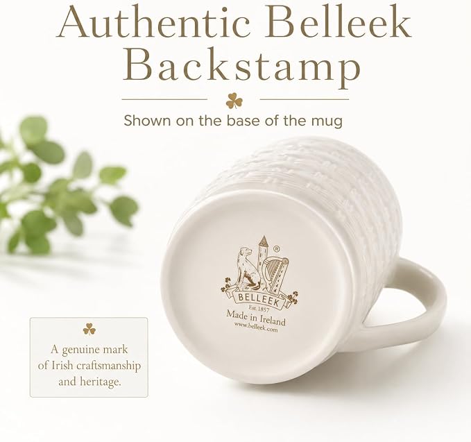 Belleek Classic Himself & Herself 12 oz Irish Coffee Mug Set, Handcrafted Parian China Cups, Shamrock Design, Set of 2, White