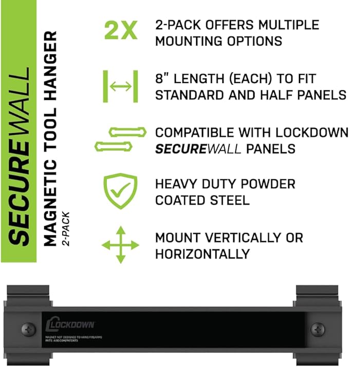 Lockdown Securewall Magnetic Knife & Tool Hanger 2 Pack with 8" Magnet, Heavy-Duty Steel, Securewall Compatible, for Gun Storage and Organization