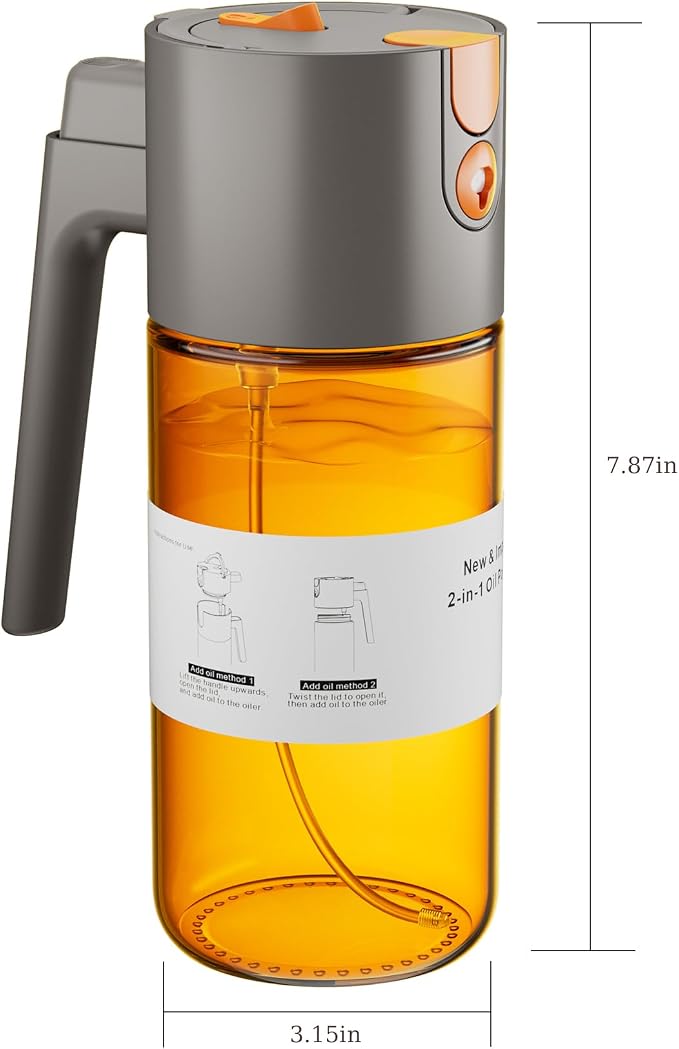 LAKUMIQI 2 in 1 Oil Sprayer for Cooking, 17oz Light-Blocking Glass Spray Bottle with Stickers, Oil Dispenser for Salad, Air Fryer & BBQ