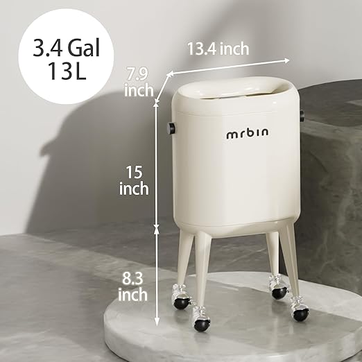 MRBIN Office Trash Can with Lid, Small Bathroom Automatic Adsorption Open Top 3.5 Gal / 13L Touchless Motion Sensor Waste Basket, Slim Decor Garbage Bin for Bedroom, Office, Cream White