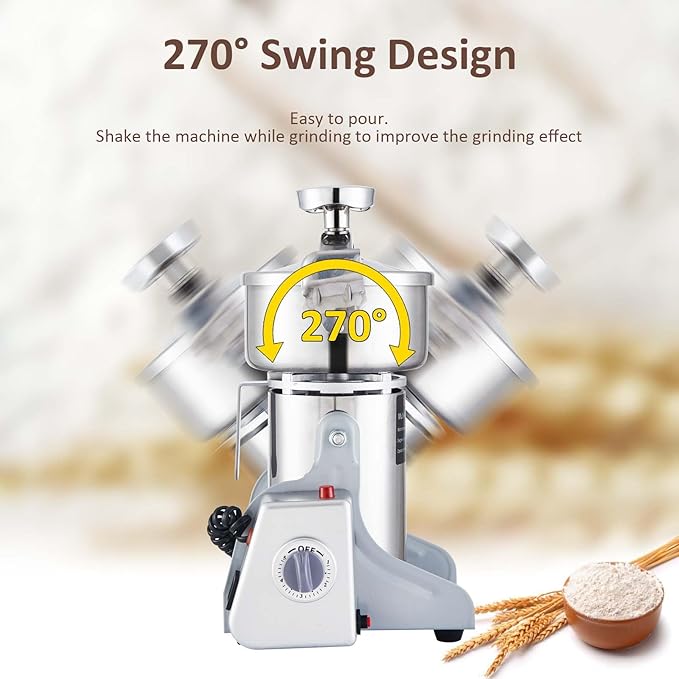 BI-DTOOL Electric Grain Mill Grinder 2000W Dry Material Grinding Machine 800g Stainless Steel Pulverizer 36000r/min High-speed Grain Mill 270° swingable Superfine powder for Home and Commercial 800g