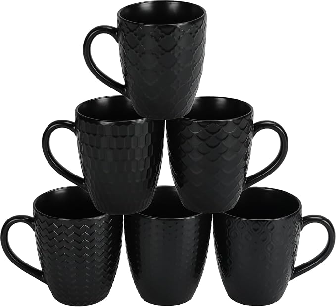Schliersee 16 OZ Black Coffee Mugs Set of 6, Geometric Pattern Ceramic Coffee Mug Cups for Latte, Tea, Cappuccino, Mocha, Cocoa, Espresso cups