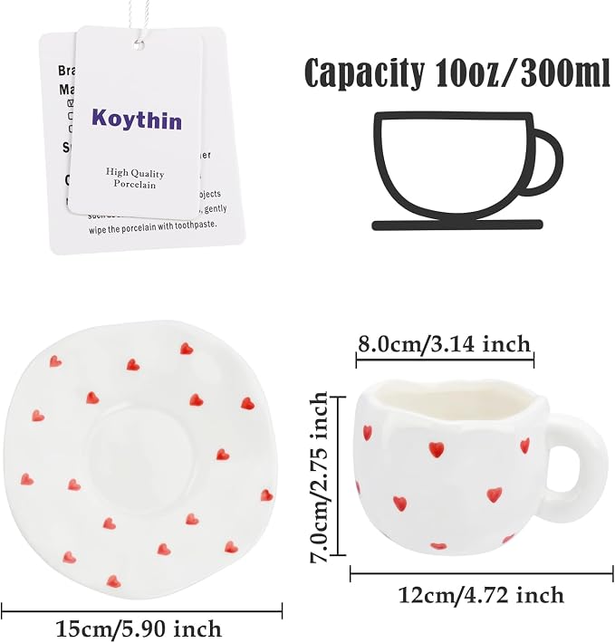 Koythin Ceramic Coffee Mug with Saucer, Cute Red Heart Cup for Women for Office and Home, Couple Cups for Girlfriends, 10 oz/300 ml for Latte Tea Milk (Small Red Heart)