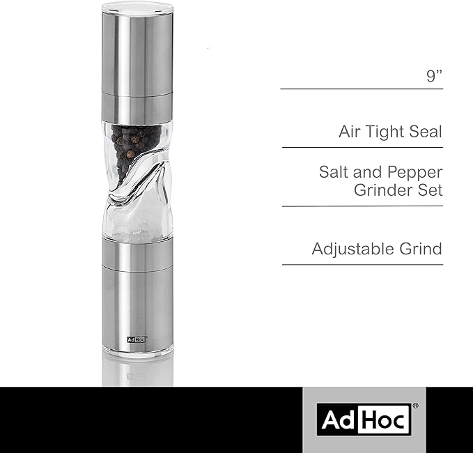AdHoc Duomill Pure Salt and Pepper Combo Mill - Stainless Steel Salt & Pepper Mill - Handy Salt & Pepper Grinder - Stainless Steel
