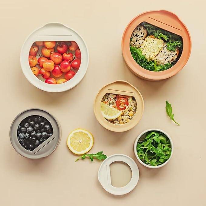 6 Set FIKA One Kitchen Ceramic Round Food Container Set with Glass Lid, Porcelain Prep, Mixing & Serving Bowls, Microwave, Oven & Dishwasher Safe Storage, Home Deco Canister (200ml / 0.21qt / 7oz)