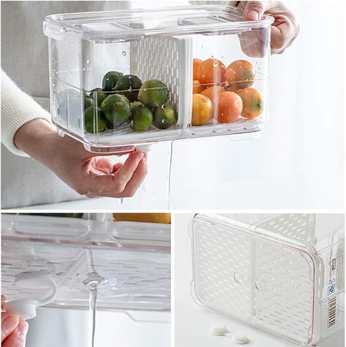 SANNO Fridge Food Storage Container Storage Containers, Produce Saver with Lids and Vents,Vegetable Fruit Storage Containers Stackable Salad Lettuce Keeper for Refrigerator，set of 2