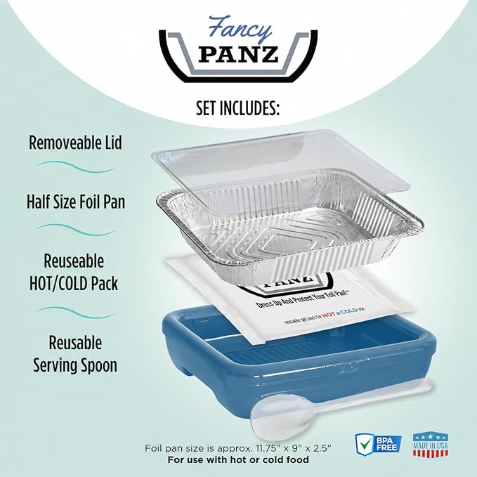 Fancy Panz Blue Marble Premium Aluminum Foil Pan Carrier with Secure Latch Lid & Hot/Cold Gel Pack - Made in USA Reusable Casserole Carrier for Half Size Pans - Food Transport Holder for Entertaining
