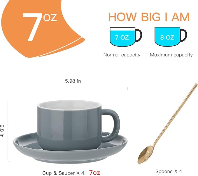 8oz Cappuccino Cups Set of 4, Tea Cups with Saucers and Spoons, Gray Ceramic Tea Cups Set Coffee Mugs for Tea Cappuccino Espresso Latte Mocha Au Lait Macchiato Cafe