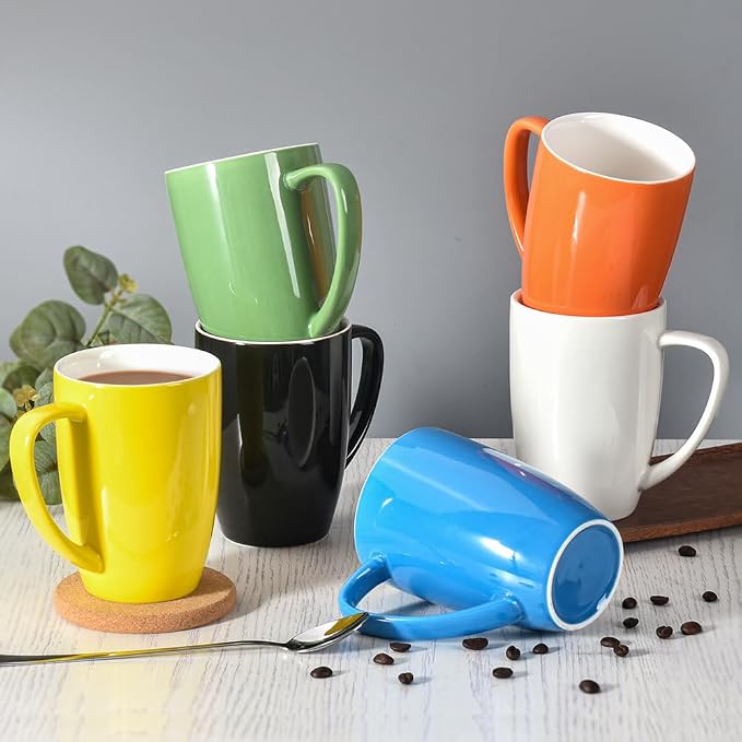 homEdge Porcelain Mug Set, 12 Ounces Cup for Tea, Latte, Mocha, Hot Chocolate, Set of 6, Black