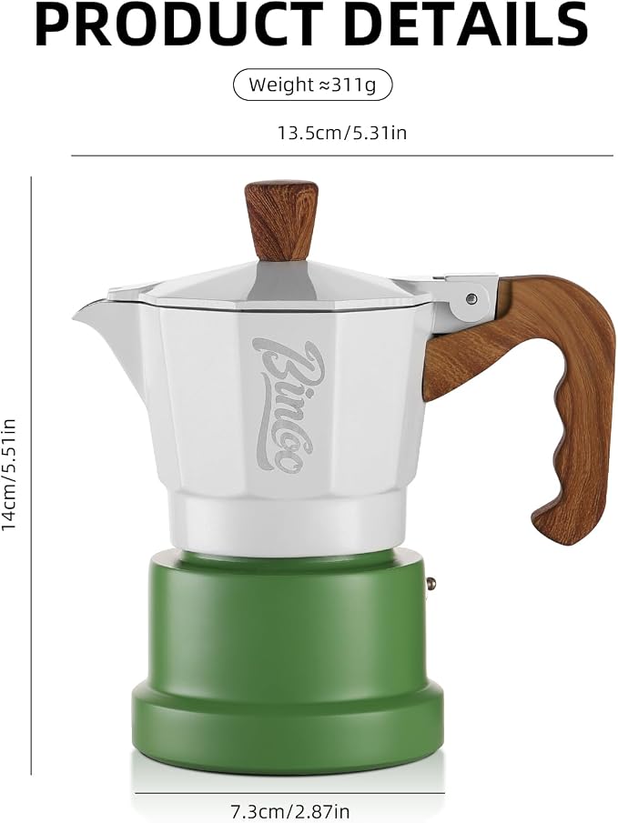 Bincoo Espresso Maker Stovetop,Camping Moka Pot 2 Cup/120ML,Stove Top Espresso Italian Coffee Maker,Easy to Use (White-green)