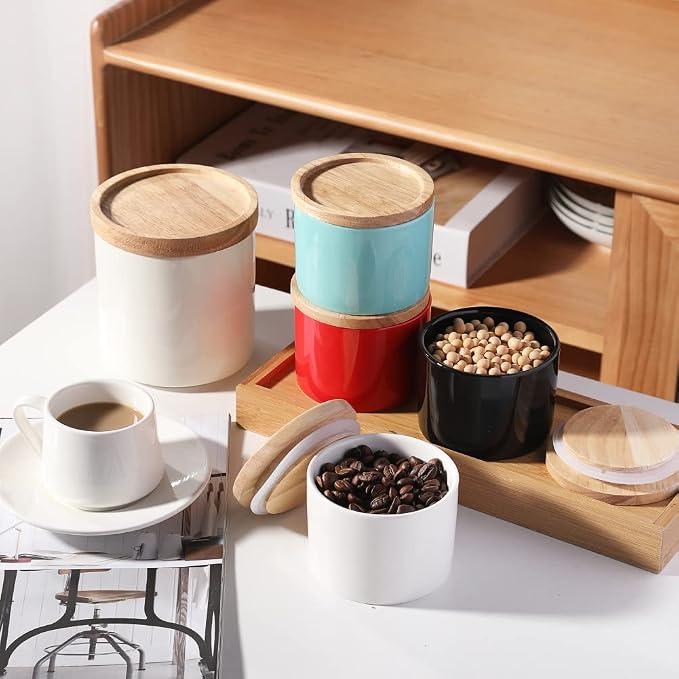 Sweejar Kitchen Canisters Ceramic Food Storage Jar, Stackable Containers with Airtight Seal Wooden Lid for Serving Ground Coffee, Tea, Sugar, Spice and More - 5 Fl Oz(White)