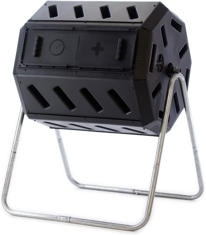 FCMP Outdoor Heavy Duty 37 Gallon 8 Sided Steel Portable Plastic Dual Chamber Tumbling Composter Outdoor Elevated Rotating Garden Compost Bin, Black | 8 Sided Portable Plastic Outdoor Elevated Rotating Garden Compost Bin, Black